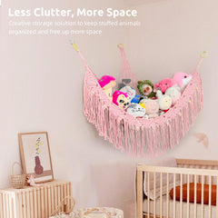 FLOCNOKY stuffed-animal-hammock edges-tassels adds boho charm while organizing plushies.
