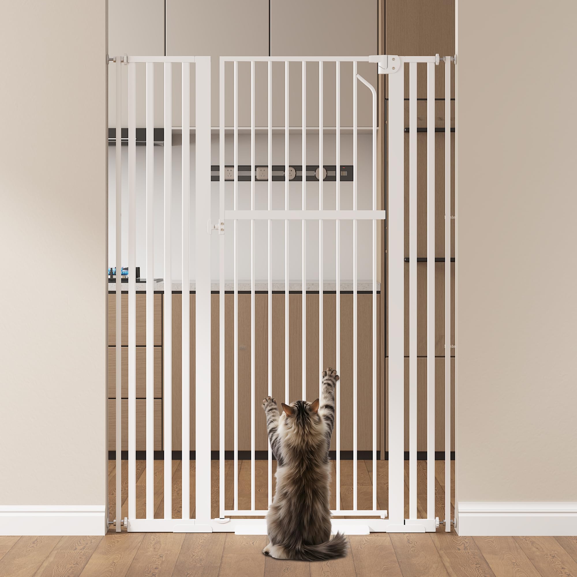 Floisdace 55.1in extra tall gate in closed position provides a secure boundary for curious pets.