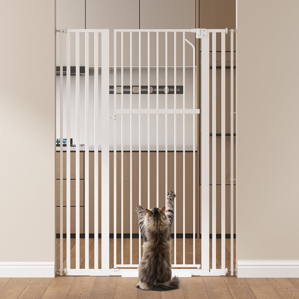 Floisdace 55.1in extra tall gate in closed position provides a secure boundary for curious pets.