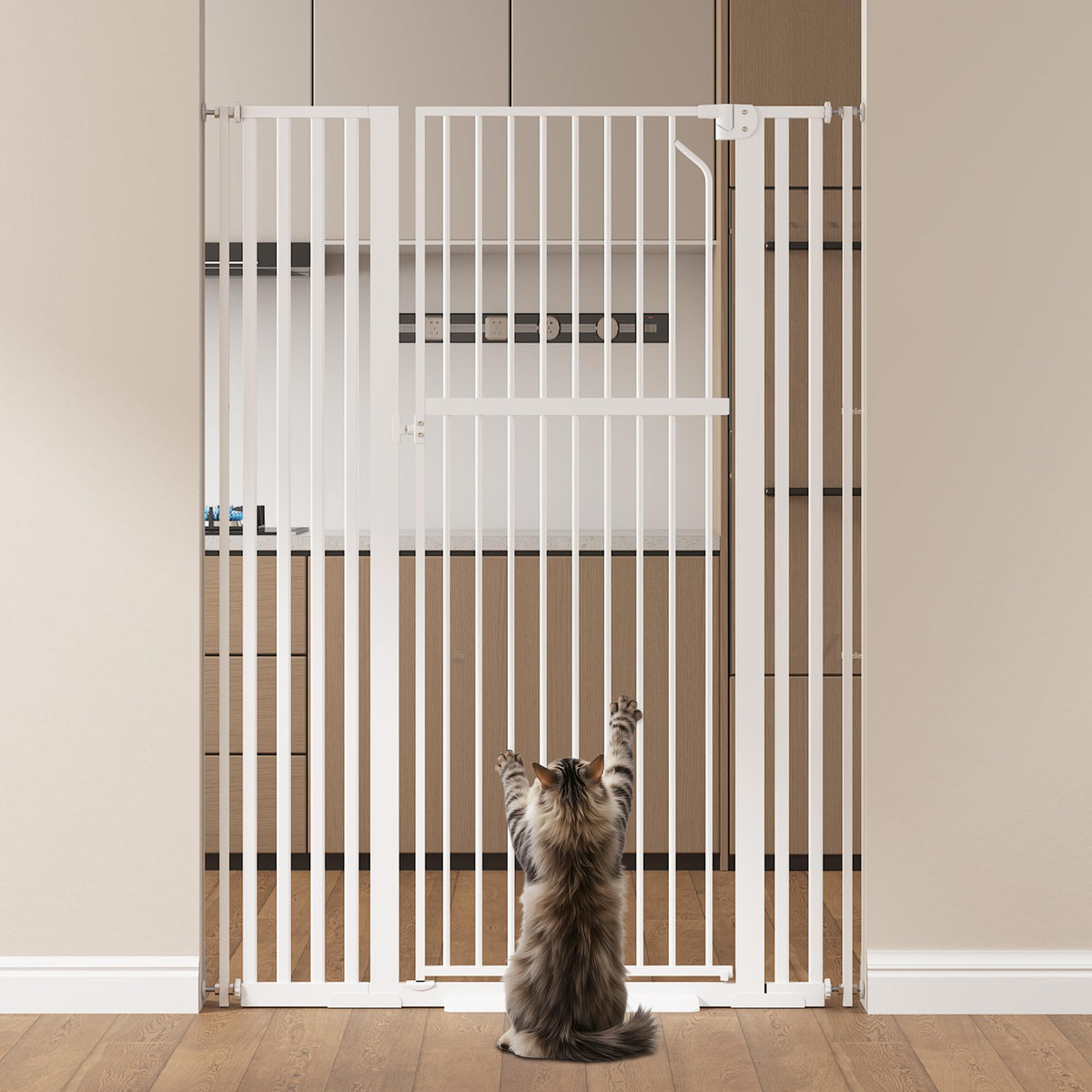 Floisdace 55.1in extra tall gate in closed position provides a secure boundary for curious pets.