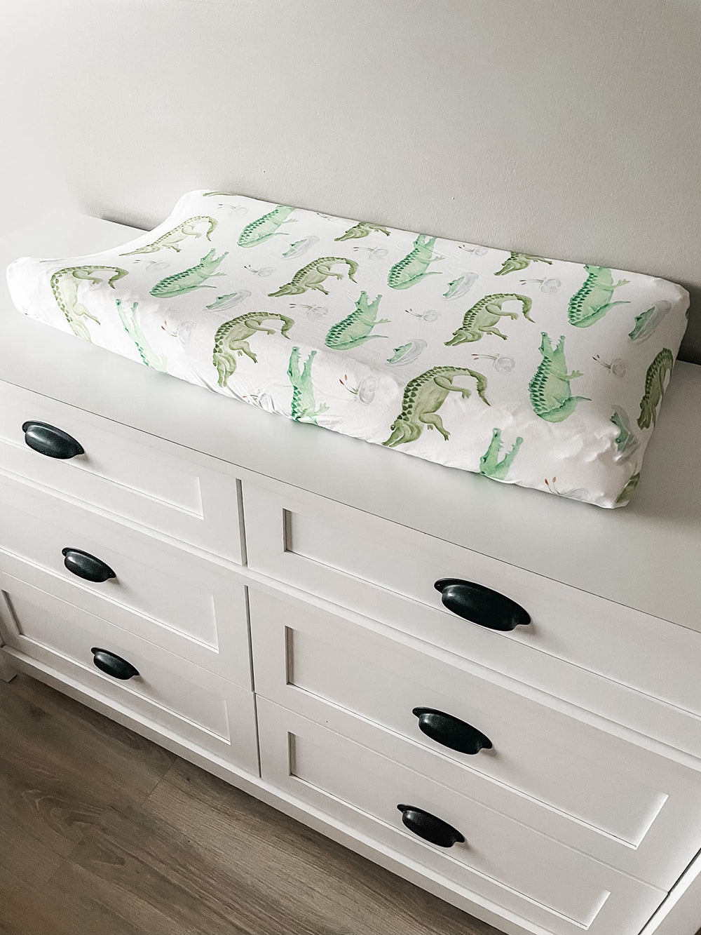 Florida Kid Co alligator changing pad cover with elastic fit for a secure, snug change.