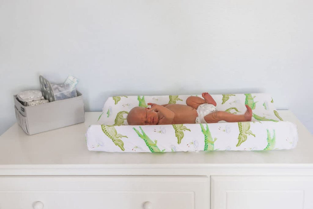Florida Kid Co alligator changing pad cover ready-to-gift in packaging.