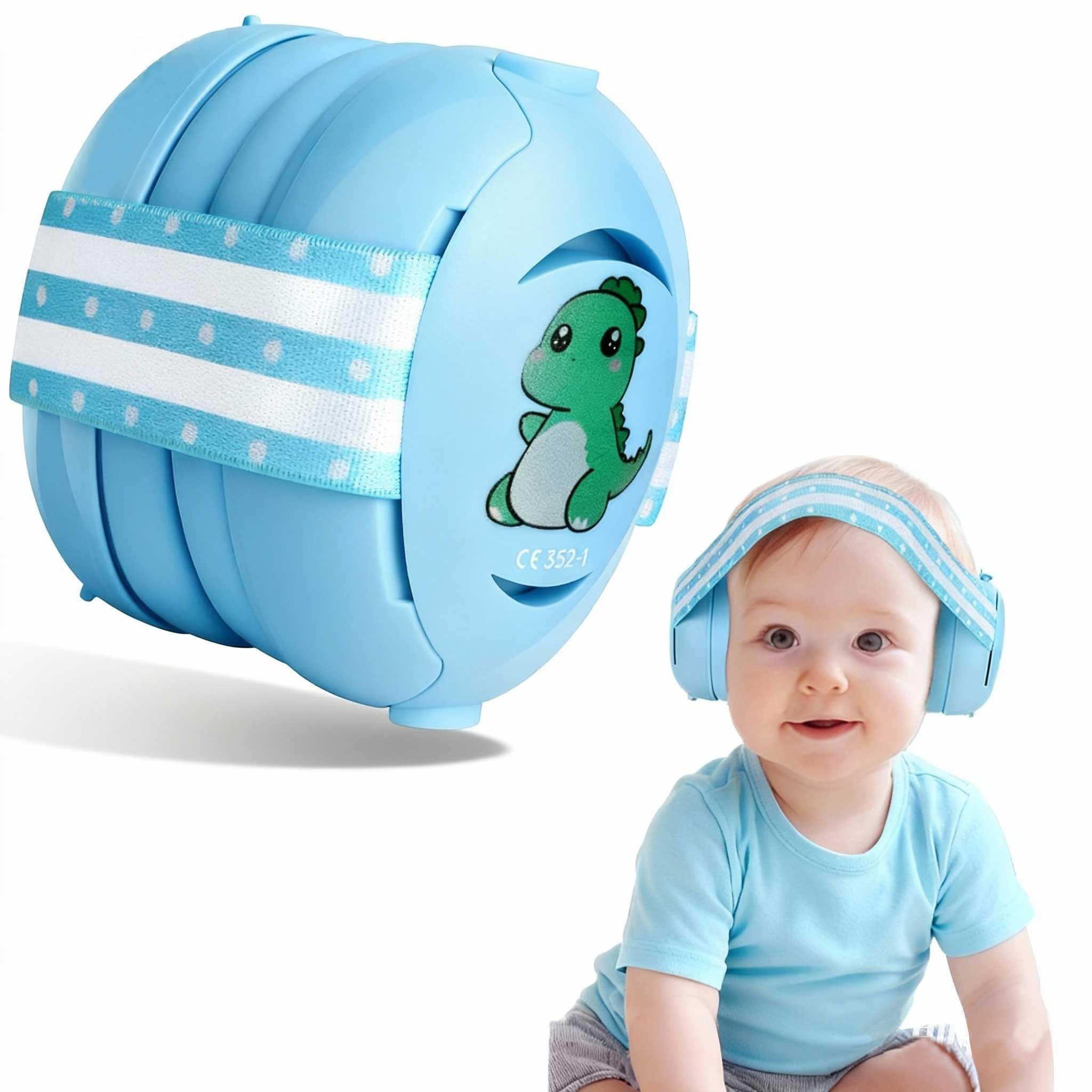 Floriogra baby headphones in blue with soft padding for peaceful sleep on flights.