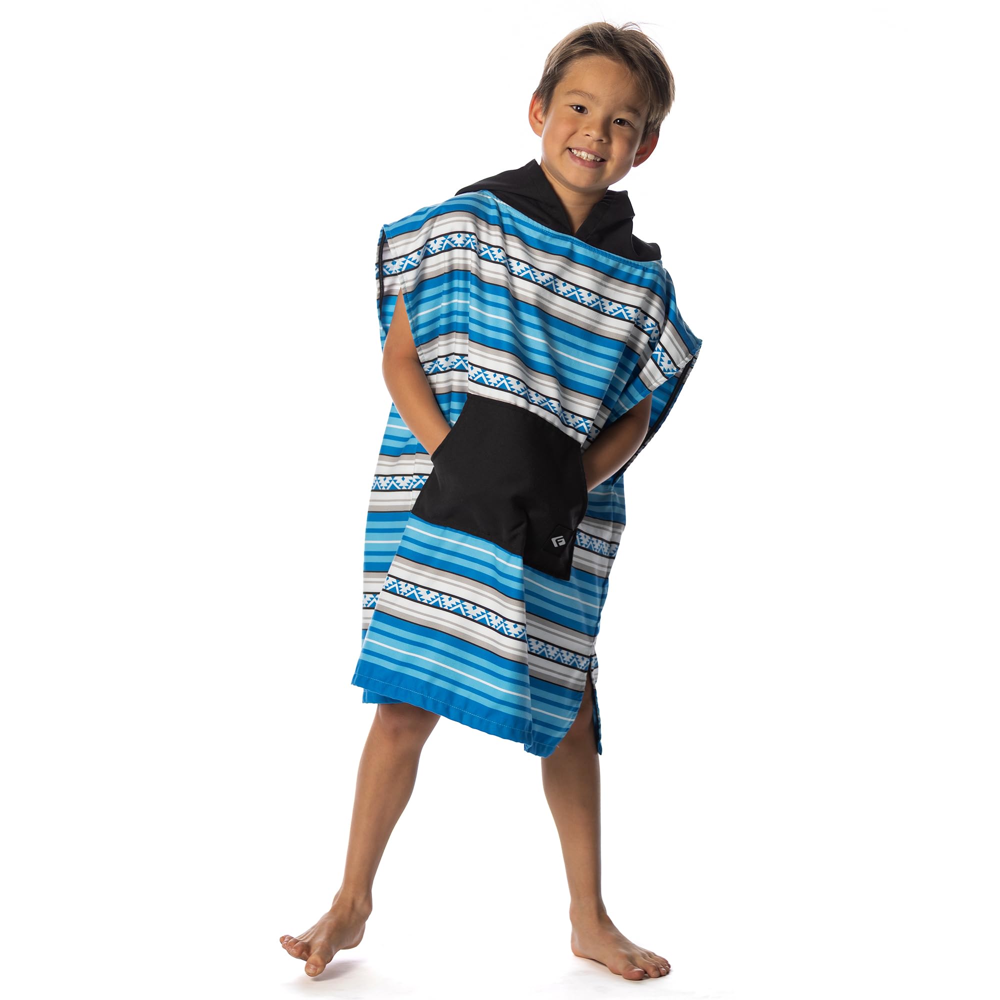 Flow Changing Poncho for Kids Laguna Blue back view with hood visible