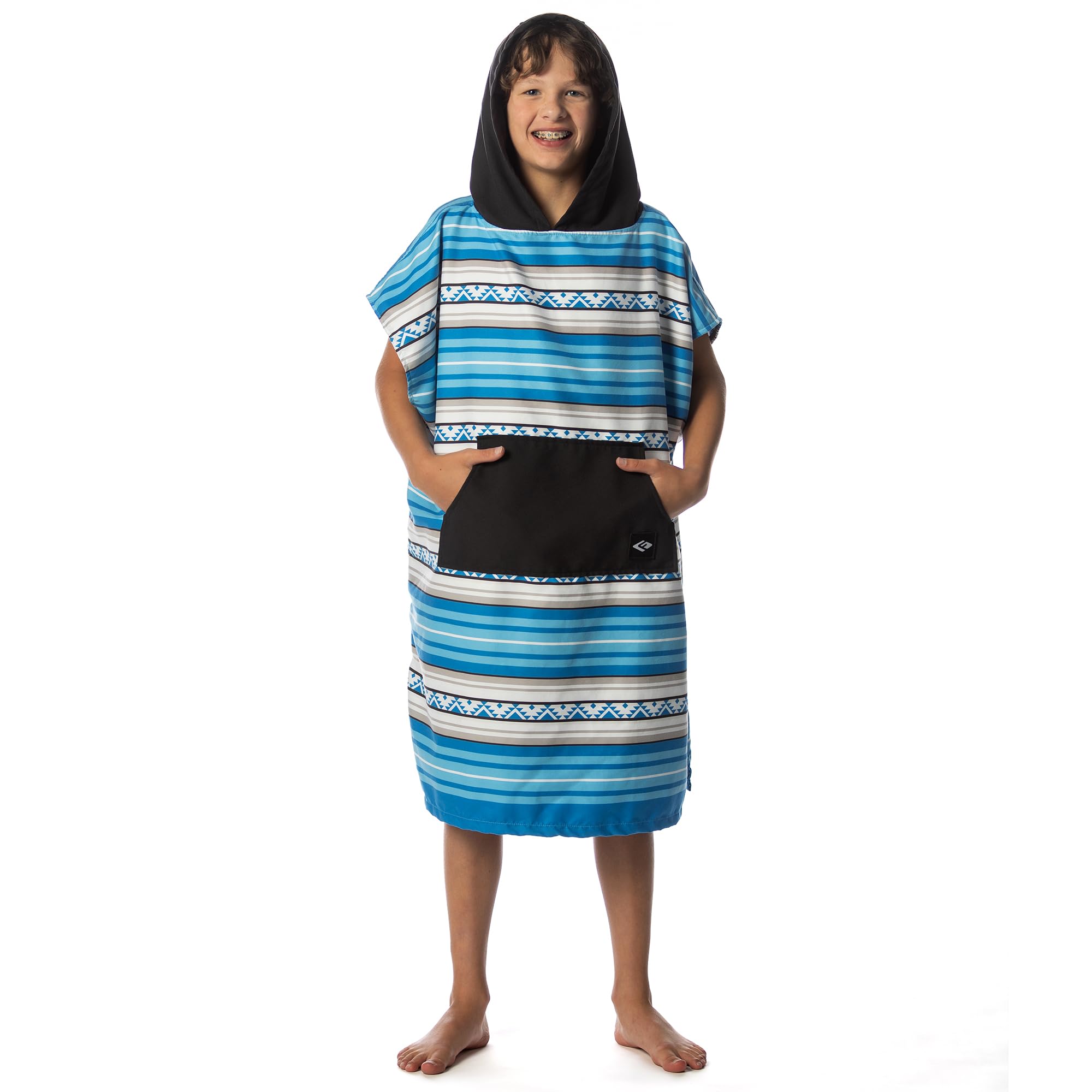 Flow Changing Poncho for Kids Laguna Blue hood closeup showing microfiber texture