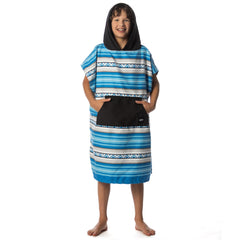 Flow Changing Poncho for Kids Laguna Blue hood closeup showing microfiber texture