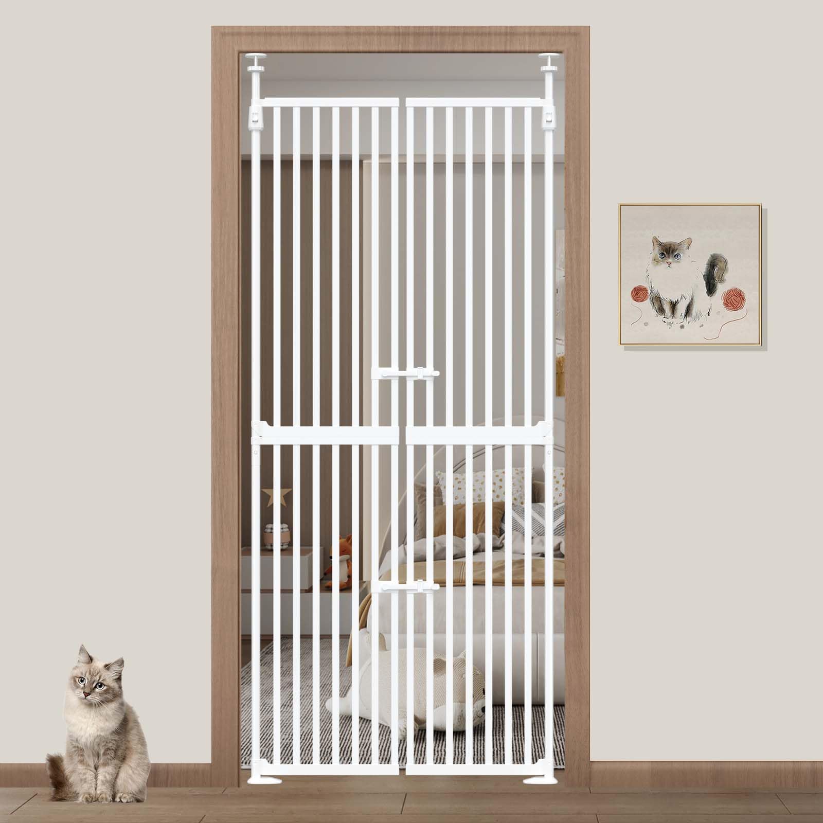 Flower Frail 71-inch extra tall cat gate in doorway keeps pets contained safely.