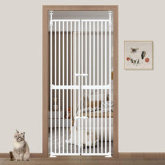 Flower Frail 71-inch extra tall cat gate in doorway keeps pets contained safely.