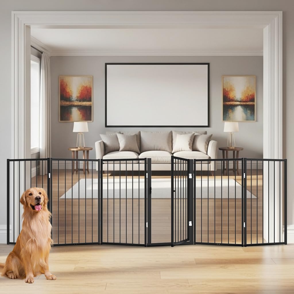 Flower Frail free-standing dog gate with door for wide doorways.