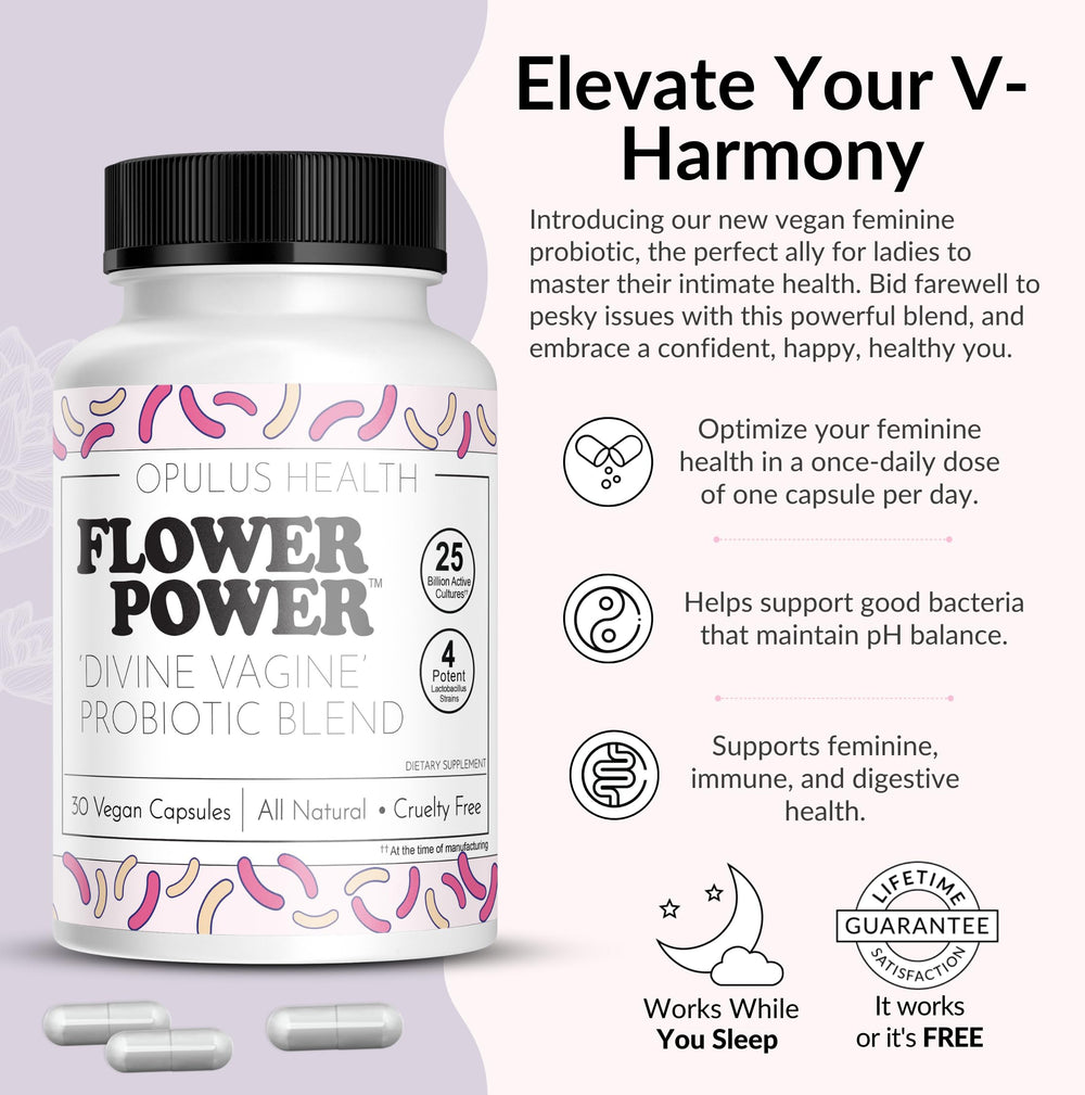 Closeup of Flower Power Divine Vagine capsules showing a multi-strain formula for vaginal balance.