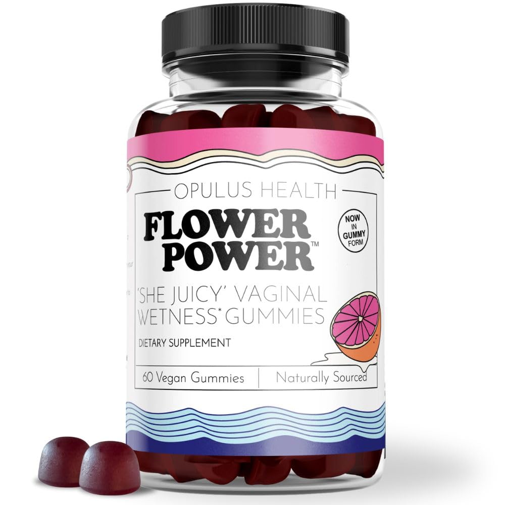 Flower Power She Juicy Gummies bottle for daily vaginal moisture support in a tasty form.