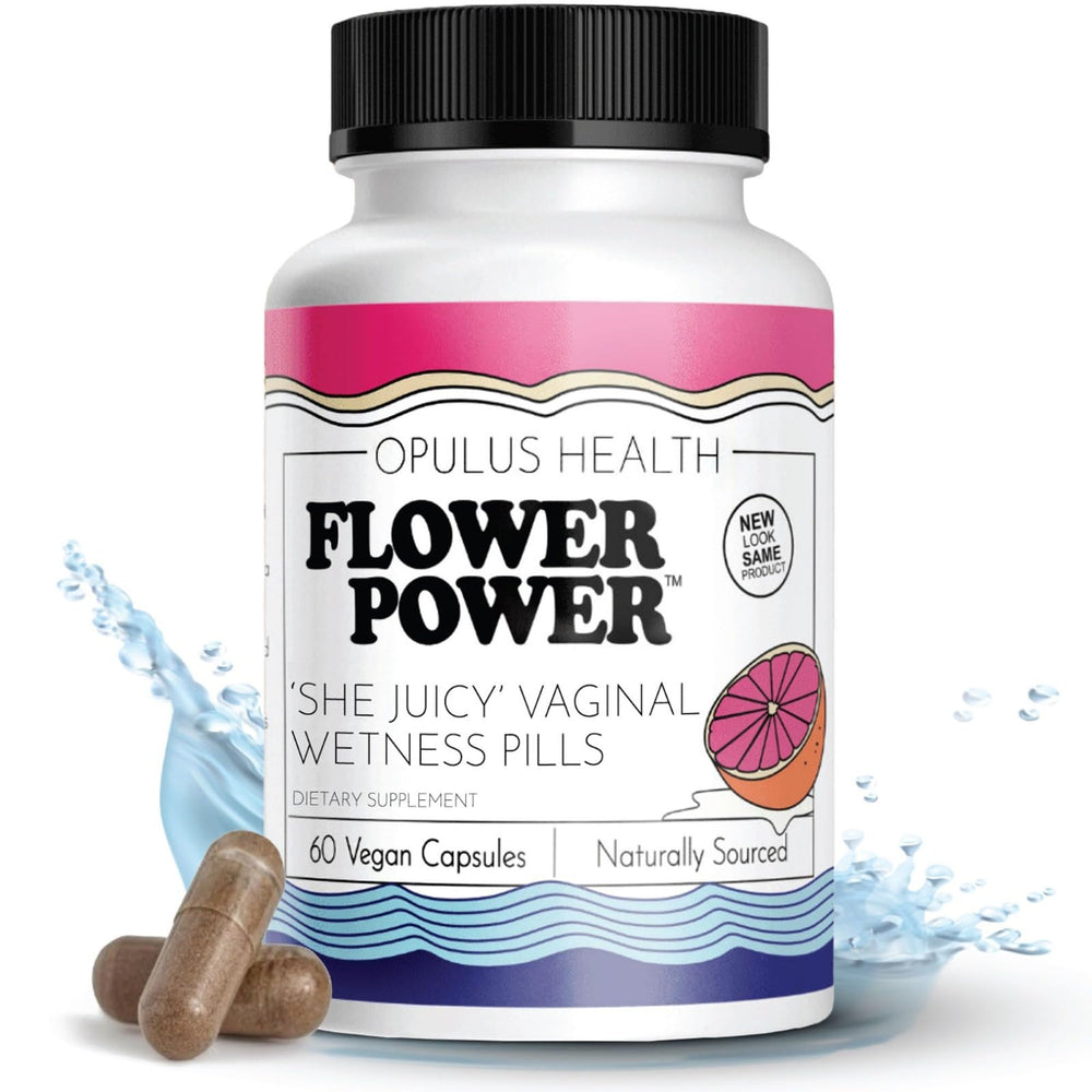 Flower Power slippery elm bottle highlighting feminine hydration.