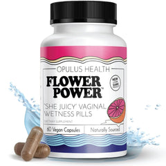 Flower Power slippery elm bottle highlighting feminine hydration.