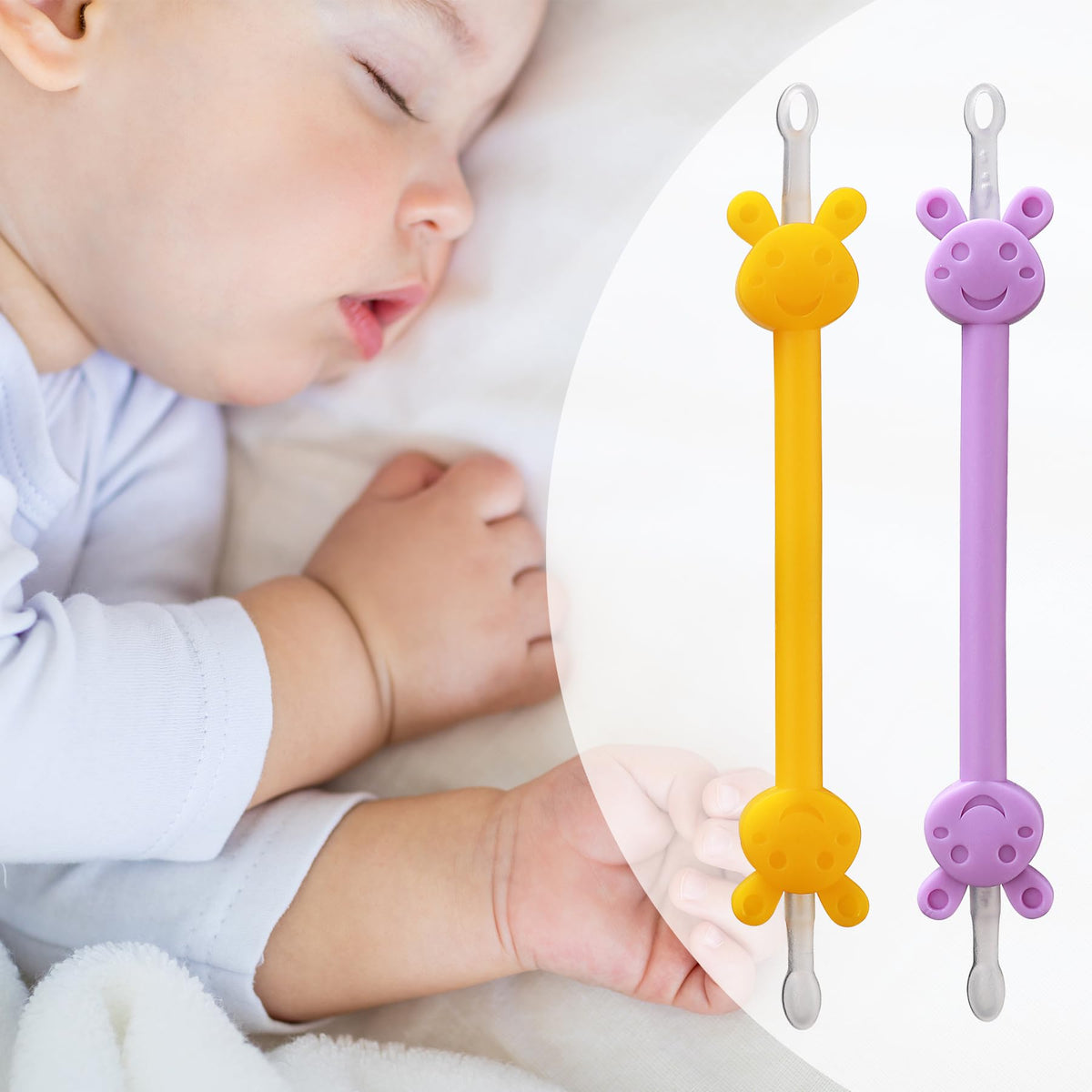 Flutaire infant booger picker front view in orange and purple for easy nose clearing.