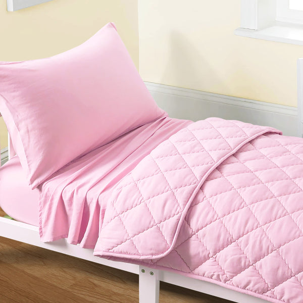 FLXXIE toddler bedding set front view in pink showing complete 4-piece set for a cozy look