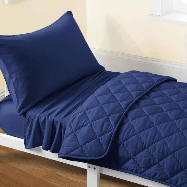FLXXIE toddler bedding set navy blue packaging view highlights gifting-ready presentation