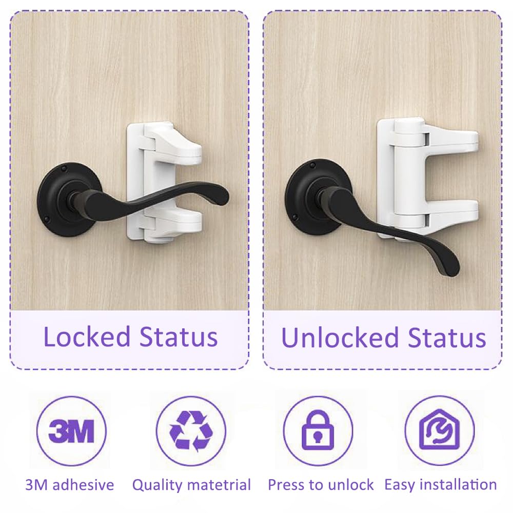 Flyaway adhesive 3M door lock highlights tool-free installation on any smooth door surface