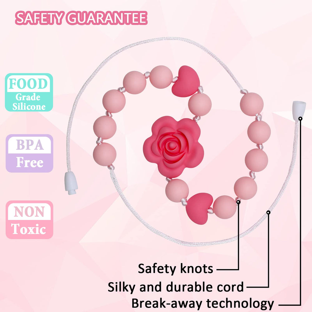 Flyaway chew necklace for child wearing sensory toy, supporting focus during activities.