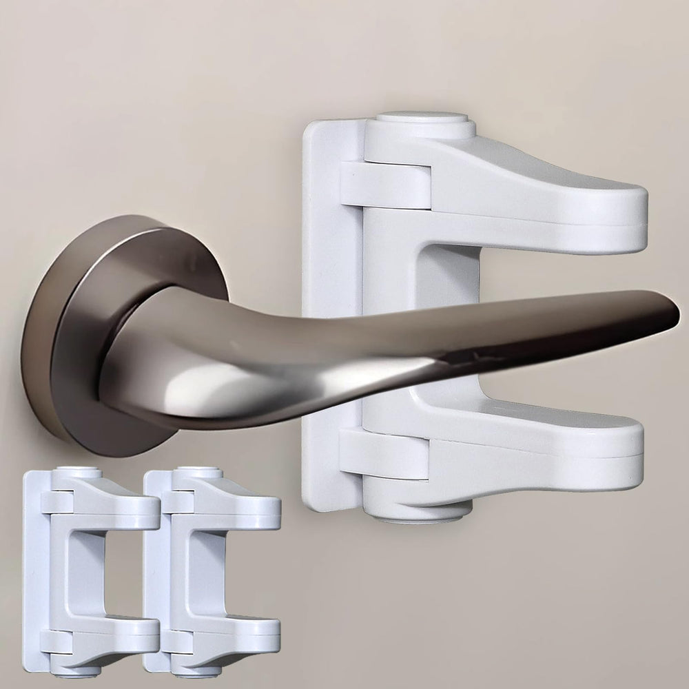 Flyaway door lever lock demonstrates inside-outside setup for flexible childproofing and caregiver access