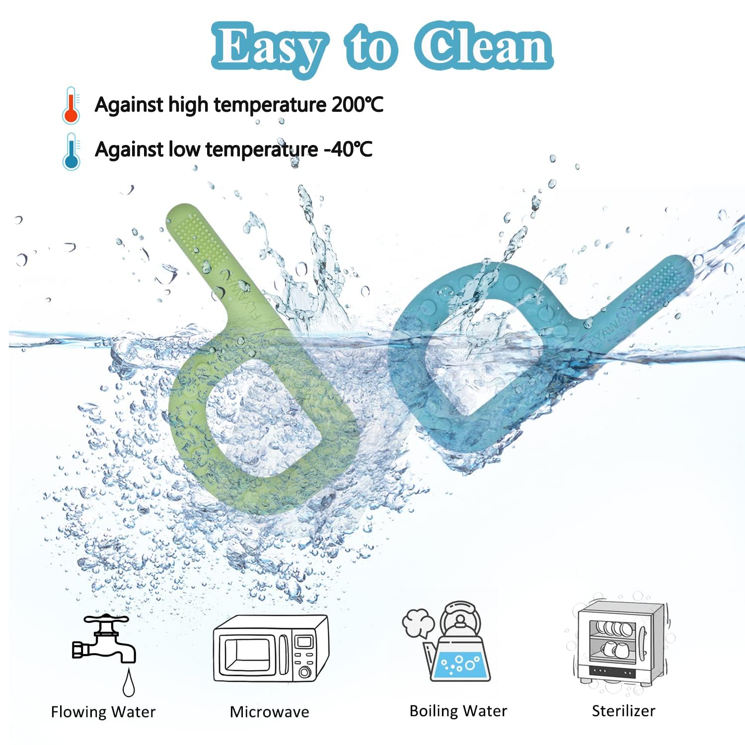 Flyaway easy-clean teether; dishwasher-safe design for quick cleanup.