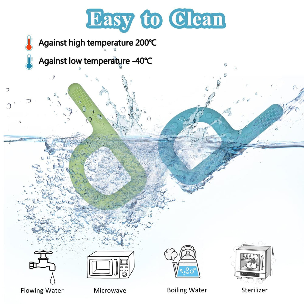 Flyaway easy-clean teether; dishwasher-safe design for quick cleanup.
