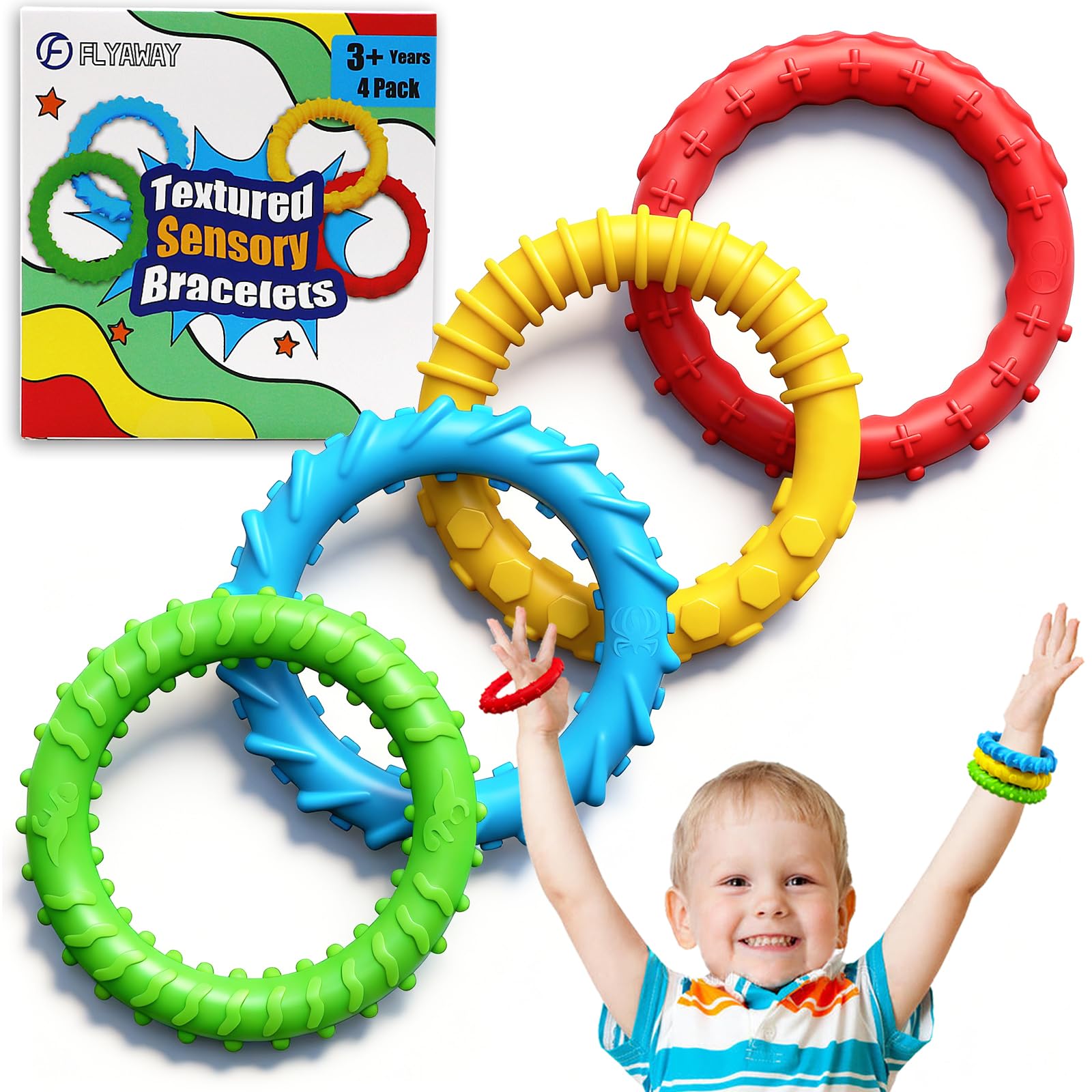 Flyaway fidget bracelet 4-pack colors: soothing sensory tool for focus and calm.