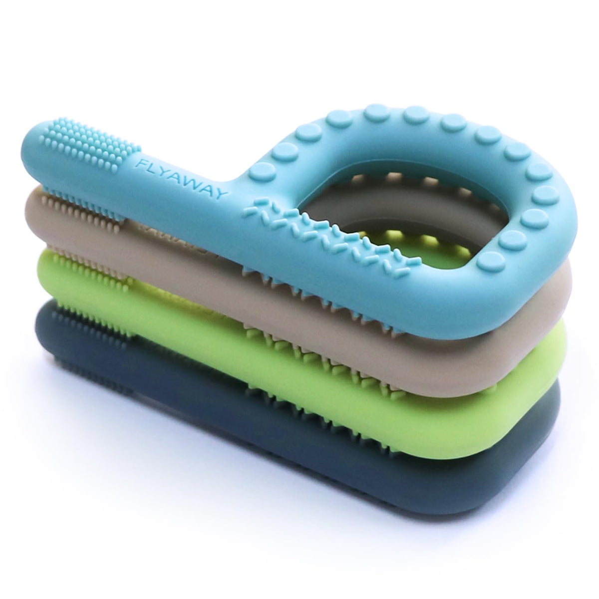 Flyaway P-shape teether for babies with easy grip and soothing bite.