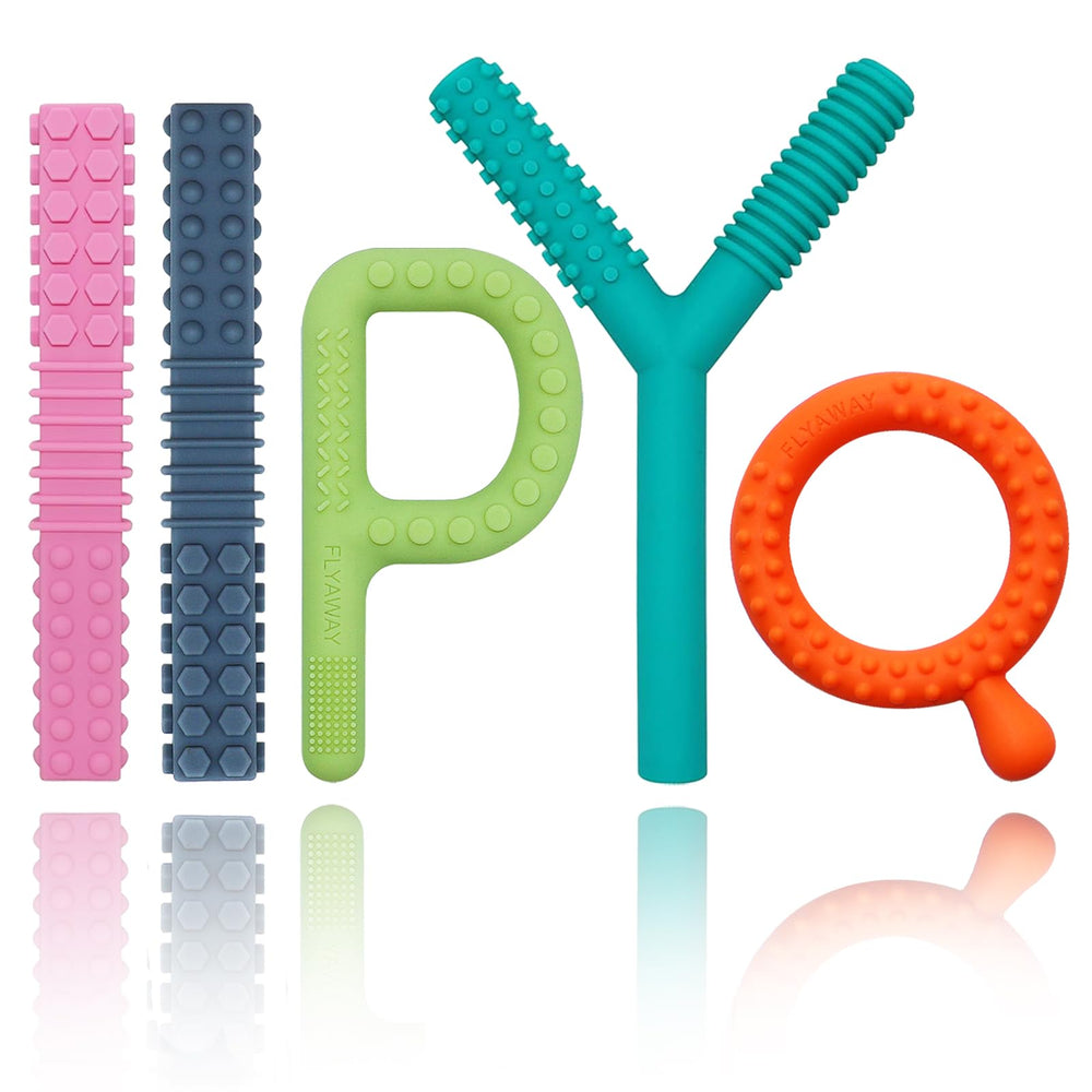 Flyaway p-shape teether with varied textures for calm sensory play