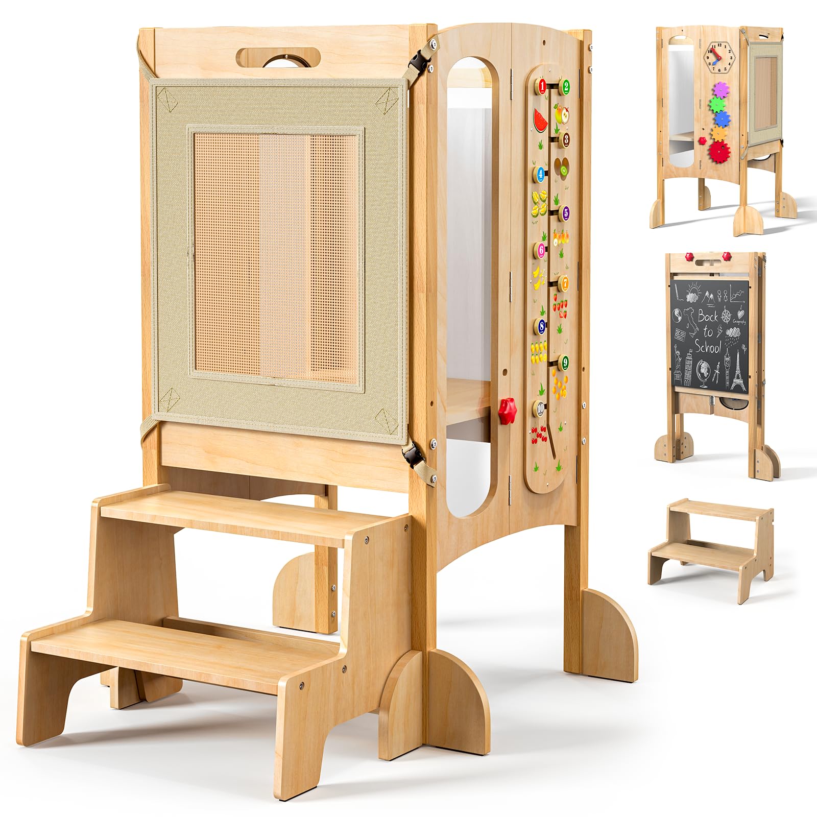 FlyingBoom foldable toddler tower shows compact storage for small spaces.