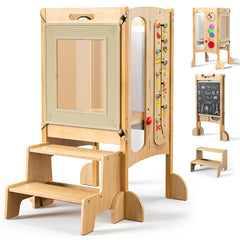 FlyingBoom foldable toddler tower shows compact storage for small spaces.