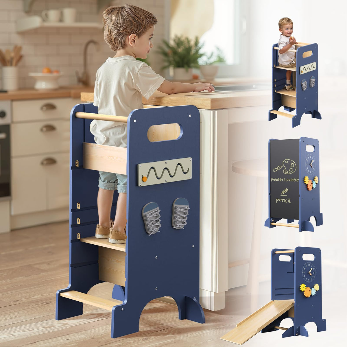 FlyingBoom Toddler Tower blue provides a sturdy reach to counter height.
