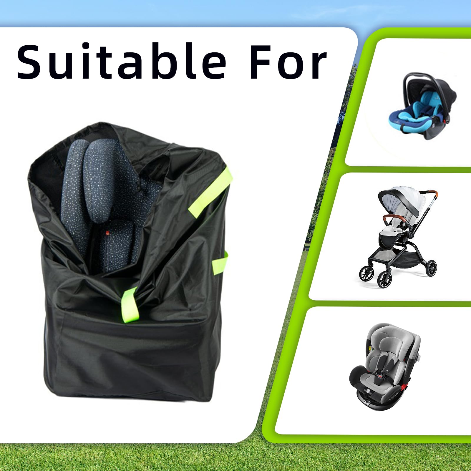 Flylin bag size 117x53x33 cm fits larger strollers and seats.