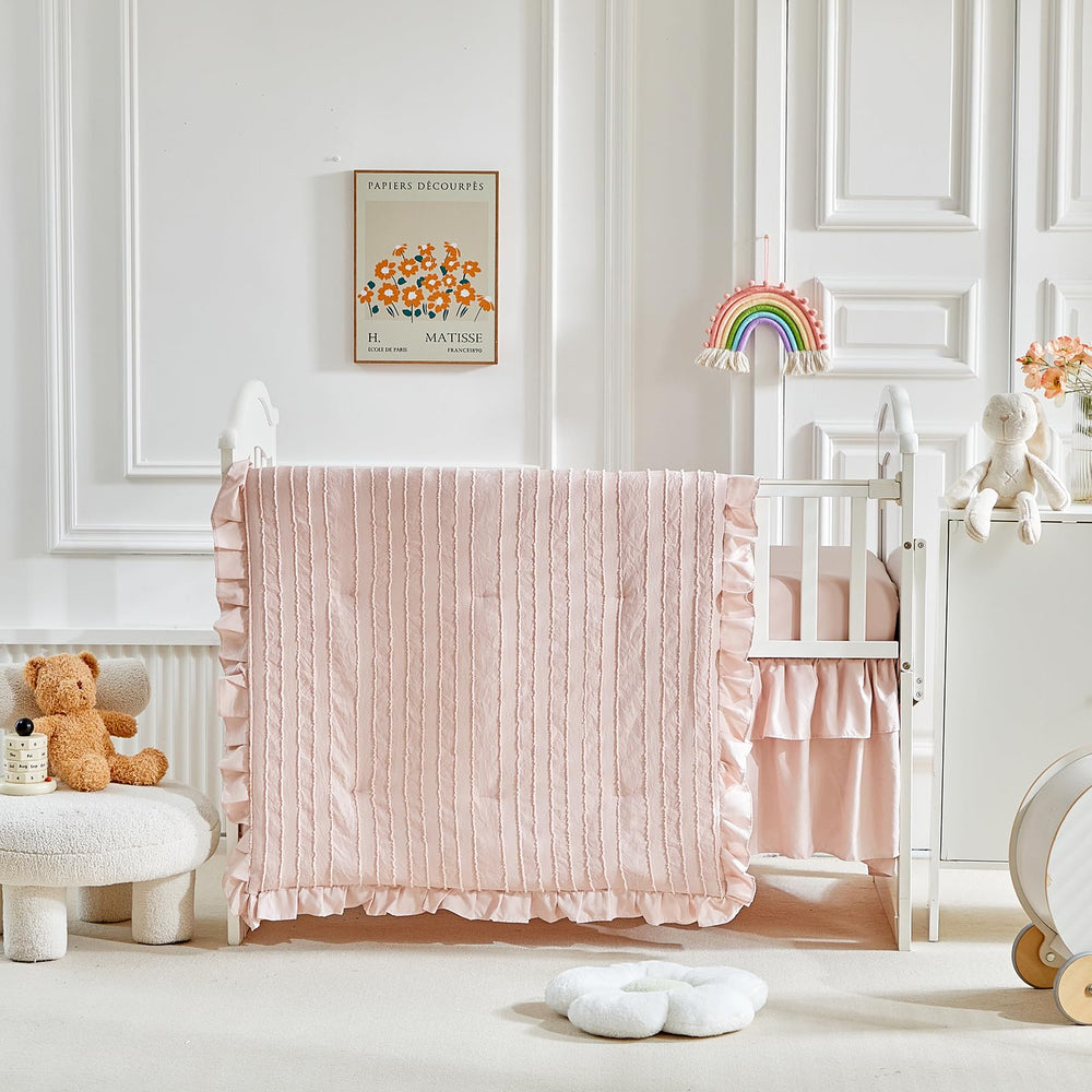 Flysheep crib skirt provides a neat finish beneath the mattress.