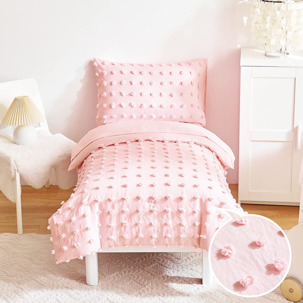 Flysheep tufted dots bedding set in pink, cozy comforter for toddler sleep