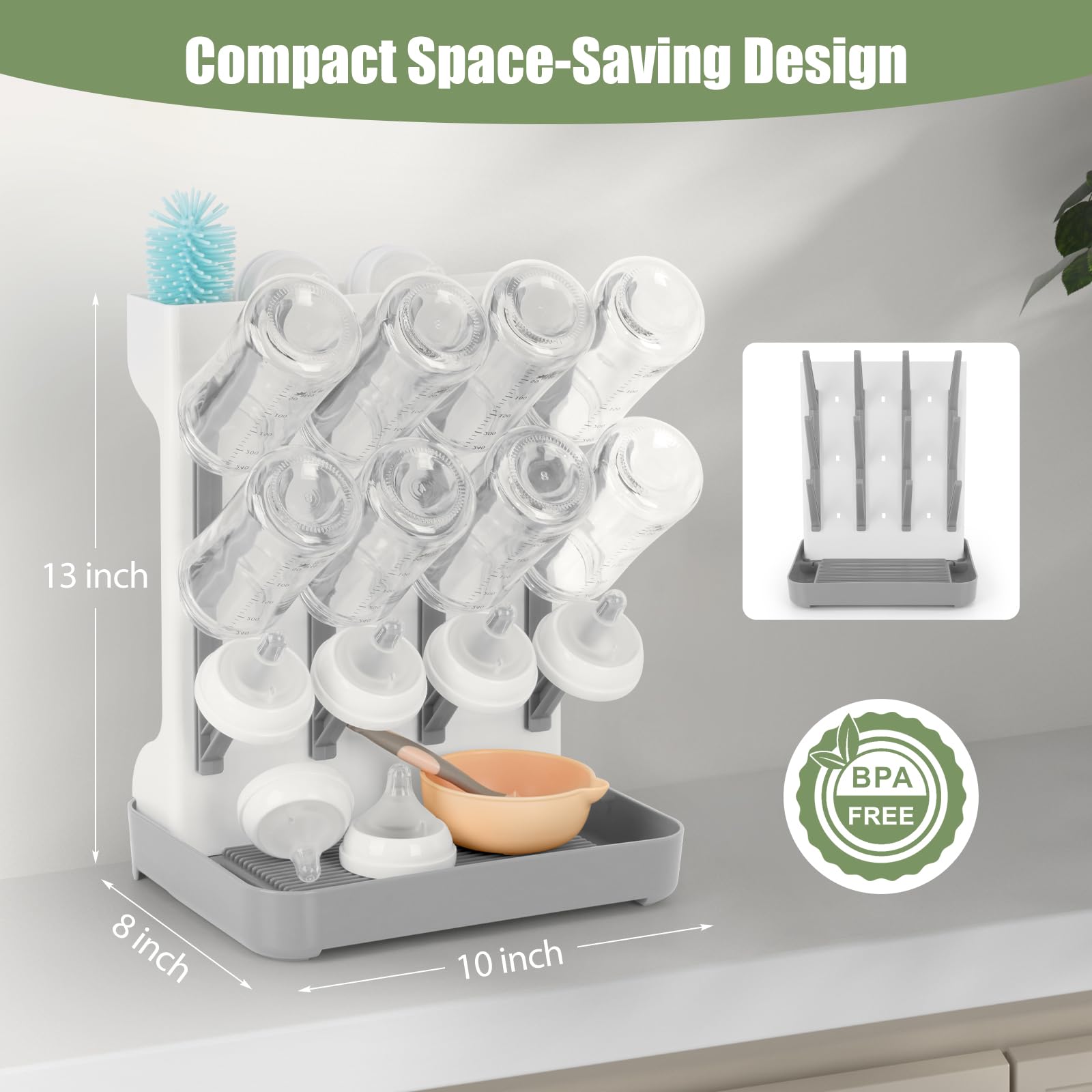 Flysich baby bottle drying rack back storage area for nipples and accessories.