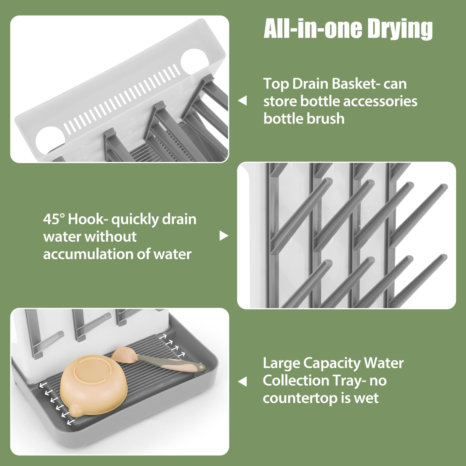 Flysich bottle drying rack tilted stand design speeds air flow and drying.