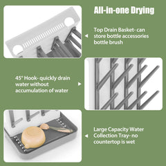 Flysich bottle drying rack tilted stand design speeds air flow and drying.
