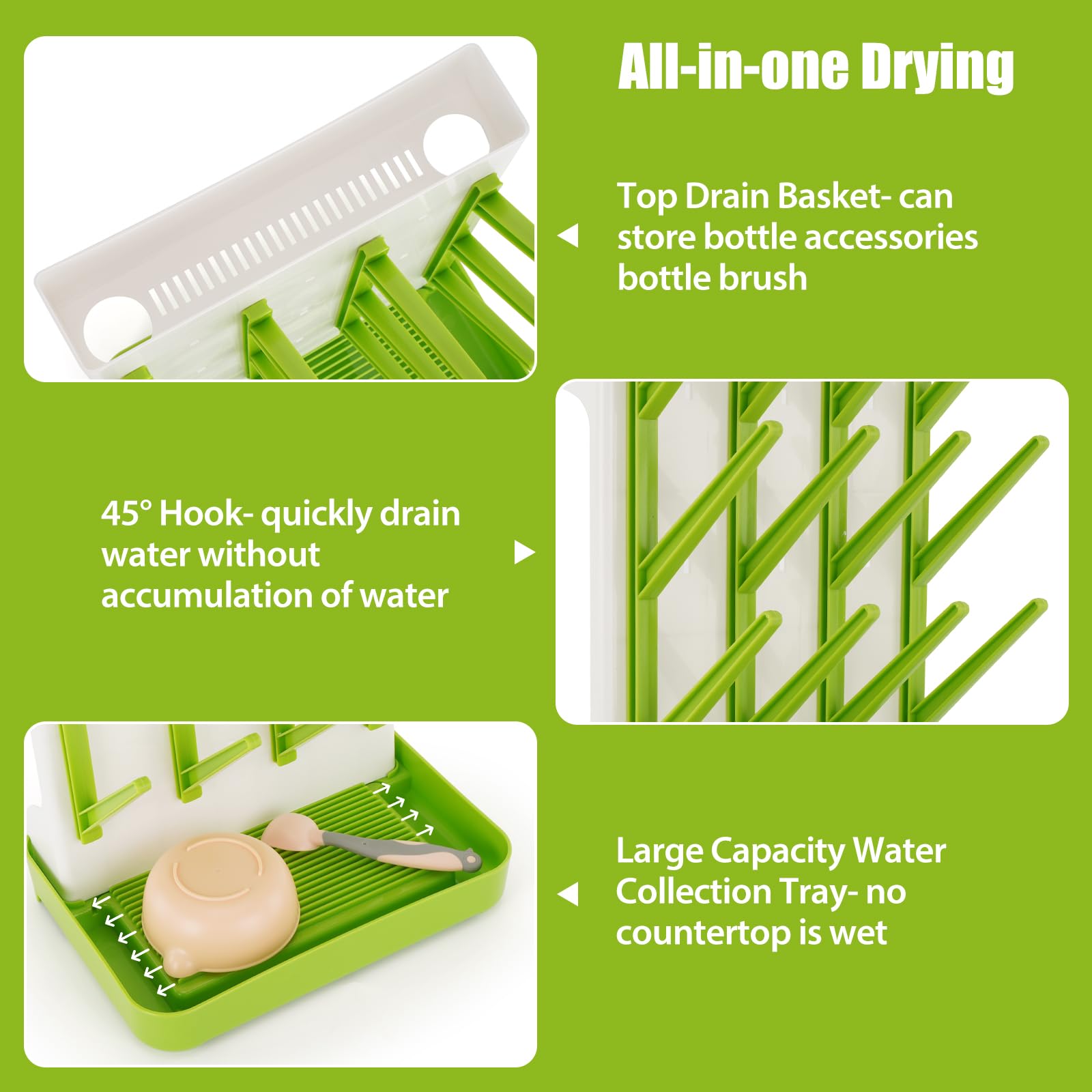 Flysich BPA-free drying rack promotes safe bottle and nipple drying after feeds.
