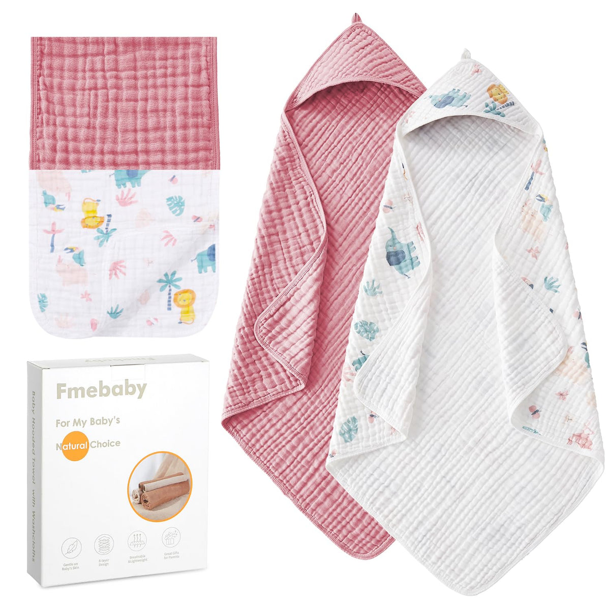 Fmebaby muslin hooded bath towel in pink elephant for gentle drying