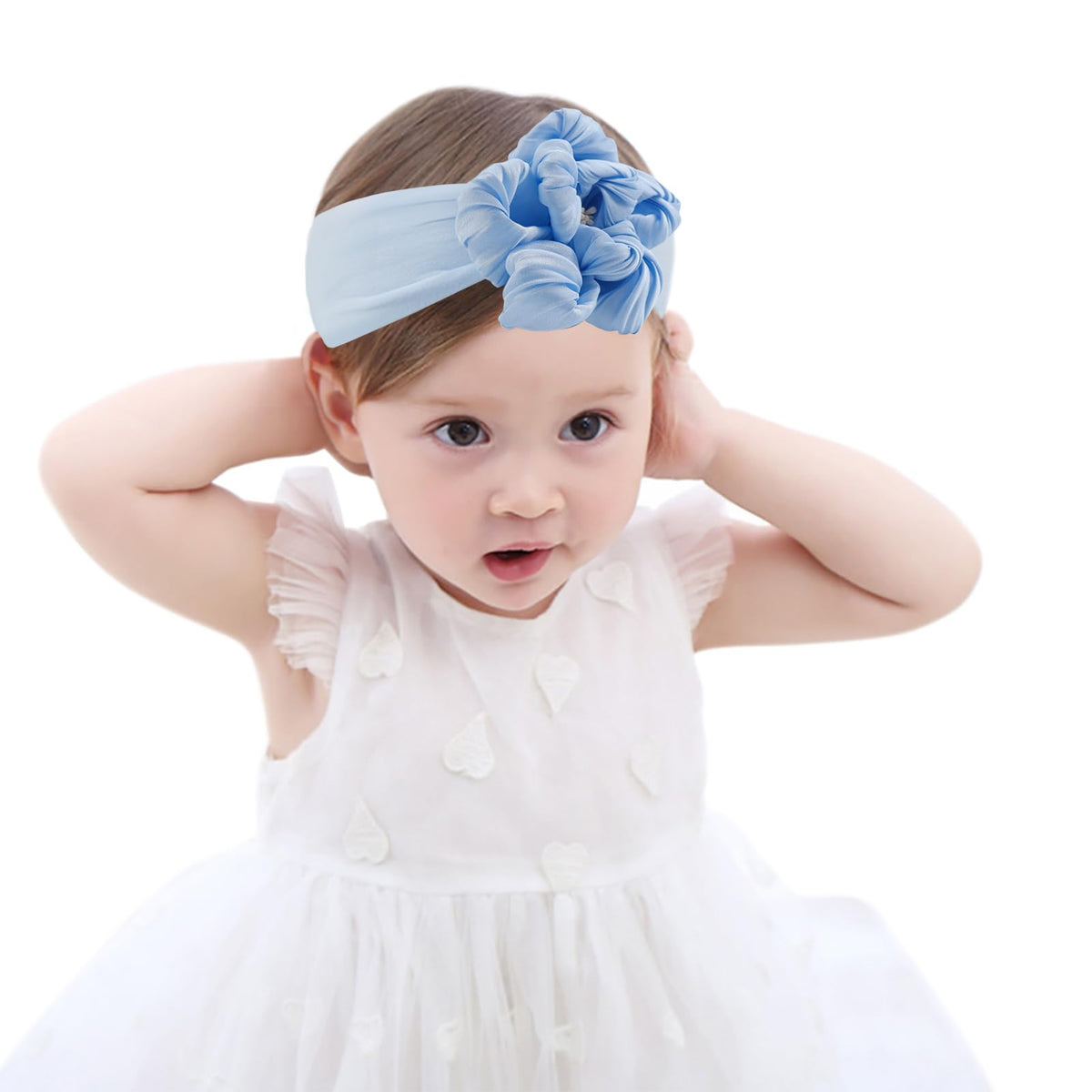 Fmeida baby headband blue big flower closeup showcases gentle nylon and secure fit for newborns