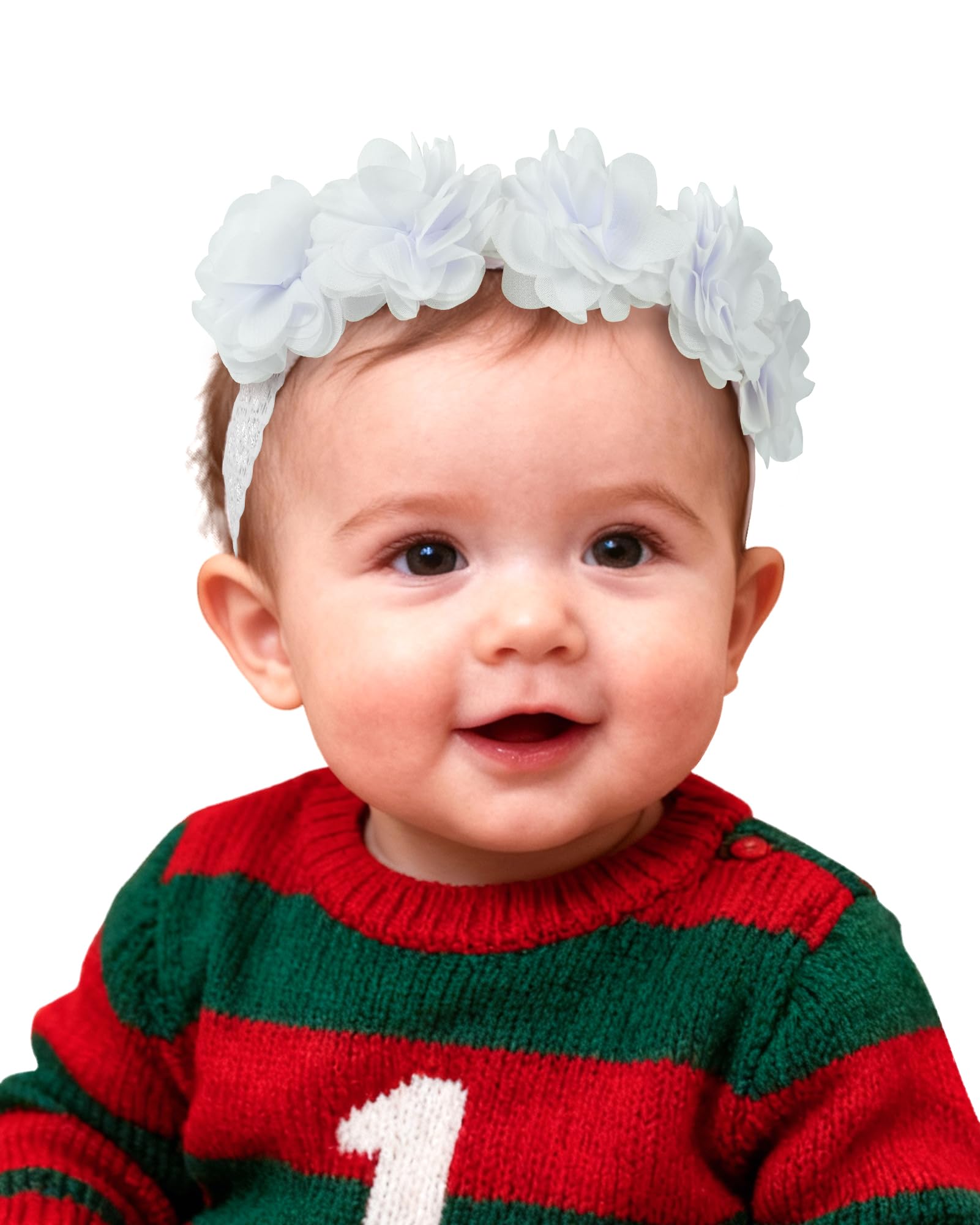 Fmeida baby headband with white chiffon flower for 14-18 inch heads, photography-ready