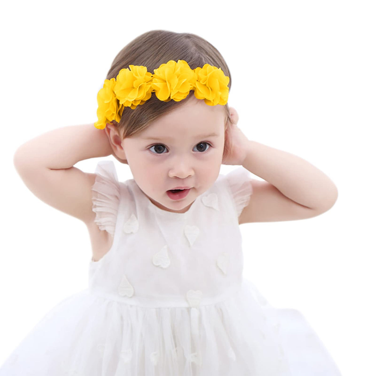 Fmeida baby headband with yellow flower crown, perfect for photos and special occasions.