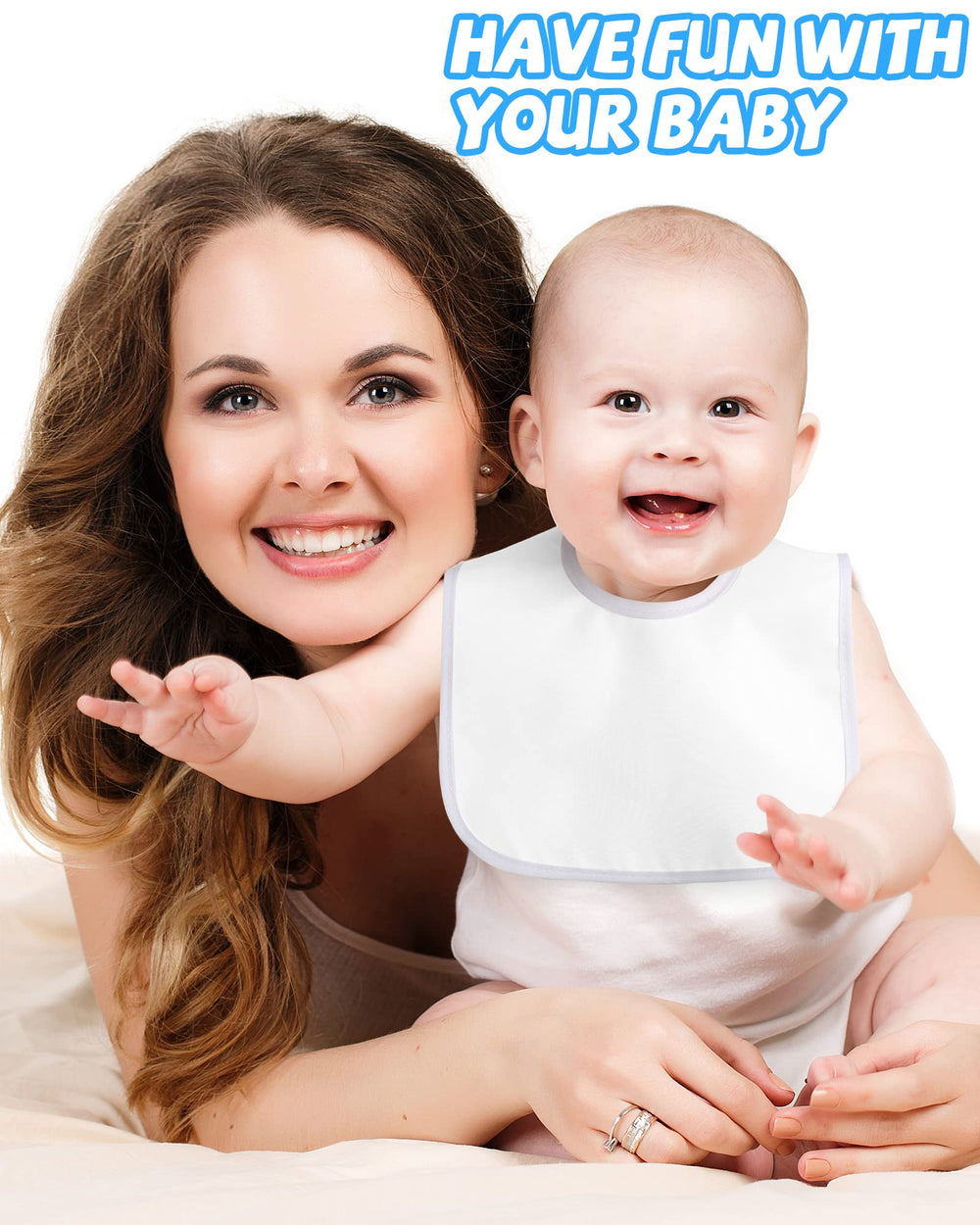 Foaincore white bib adjustable strap image highlights easy on/off for baby comfort