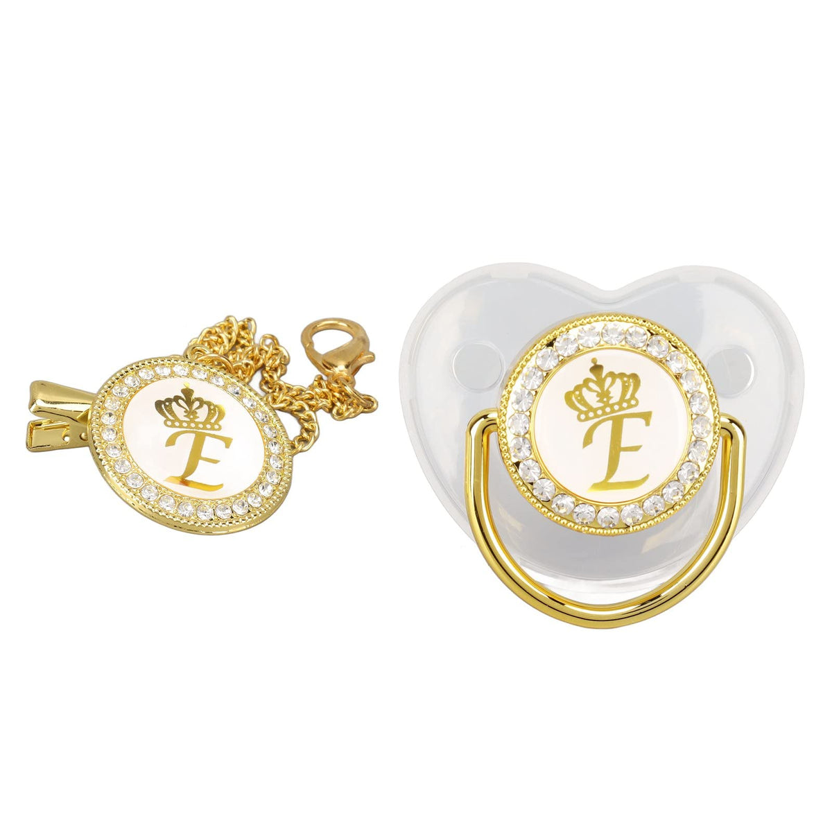 Focket pacifier clip with 26-letter bling, keeps pacifier close and stylish for baby girls.