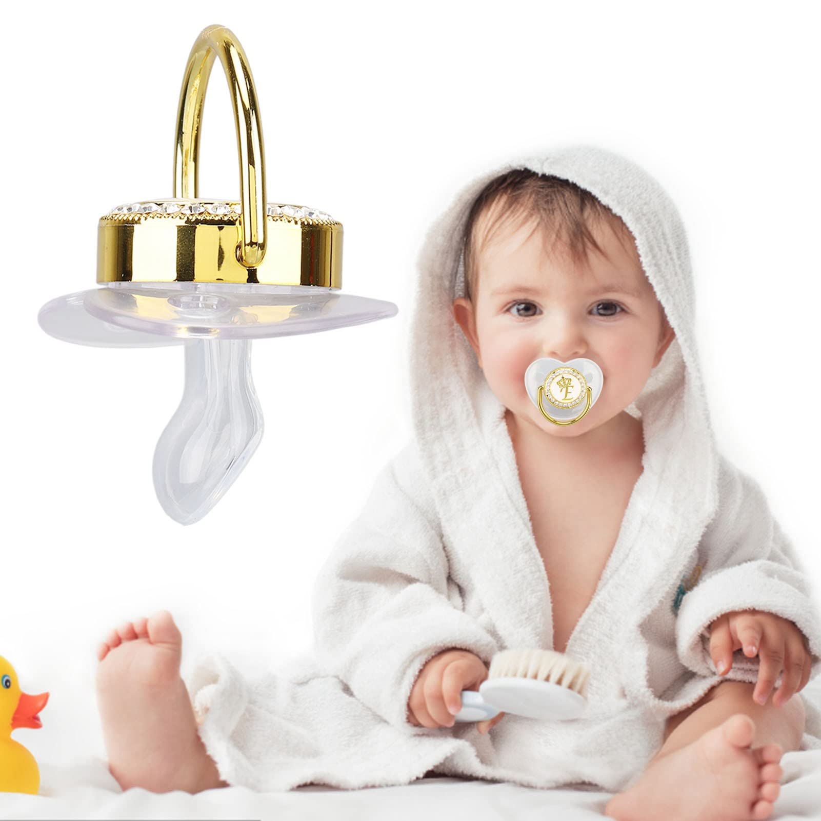 Focket name initials gold clip, adds personalized flair while helping locate the pacifier.