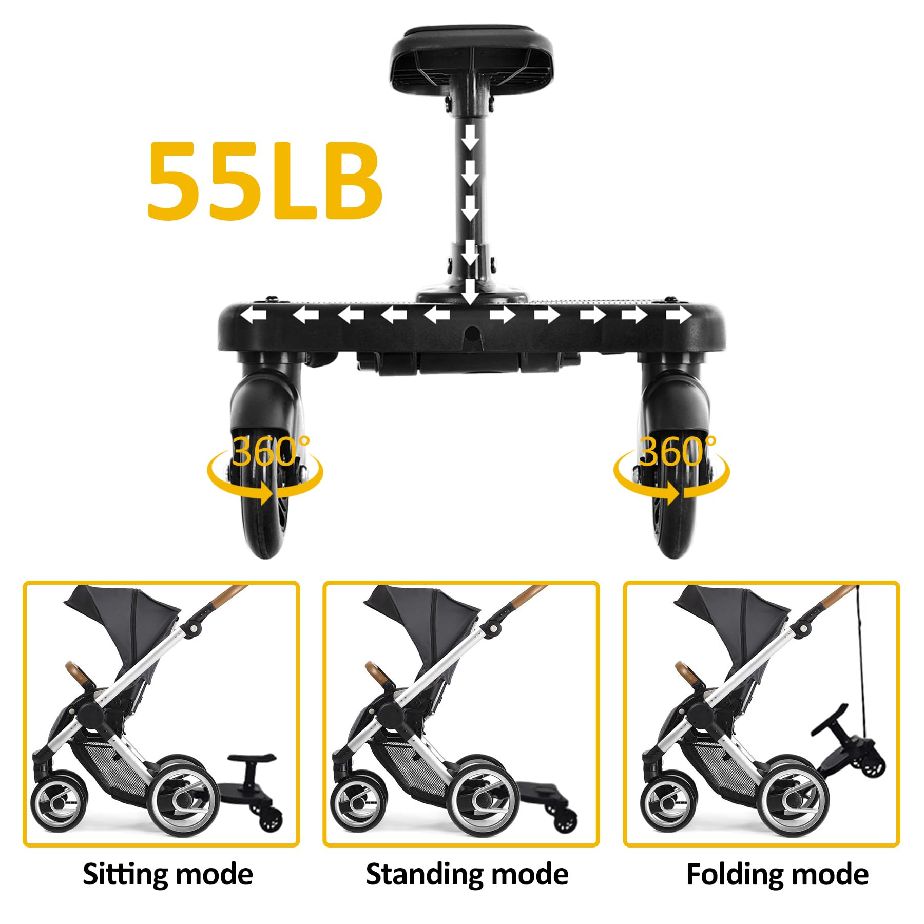 FodManTakin detachable-seat on stroller board enables quick seating during strolls.