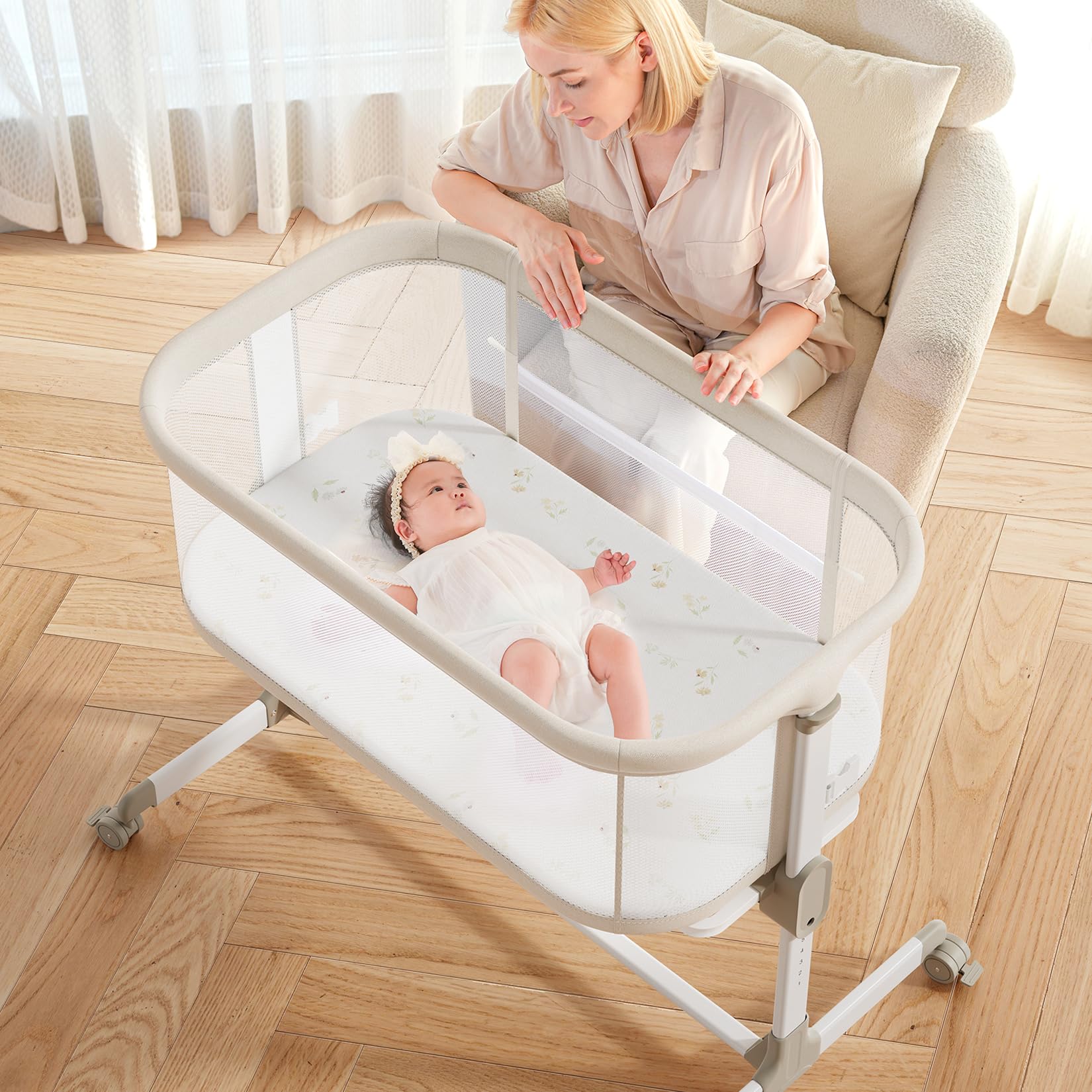 Fodoss bedside bassinet mesh design supports safe, breathable sleep near parents