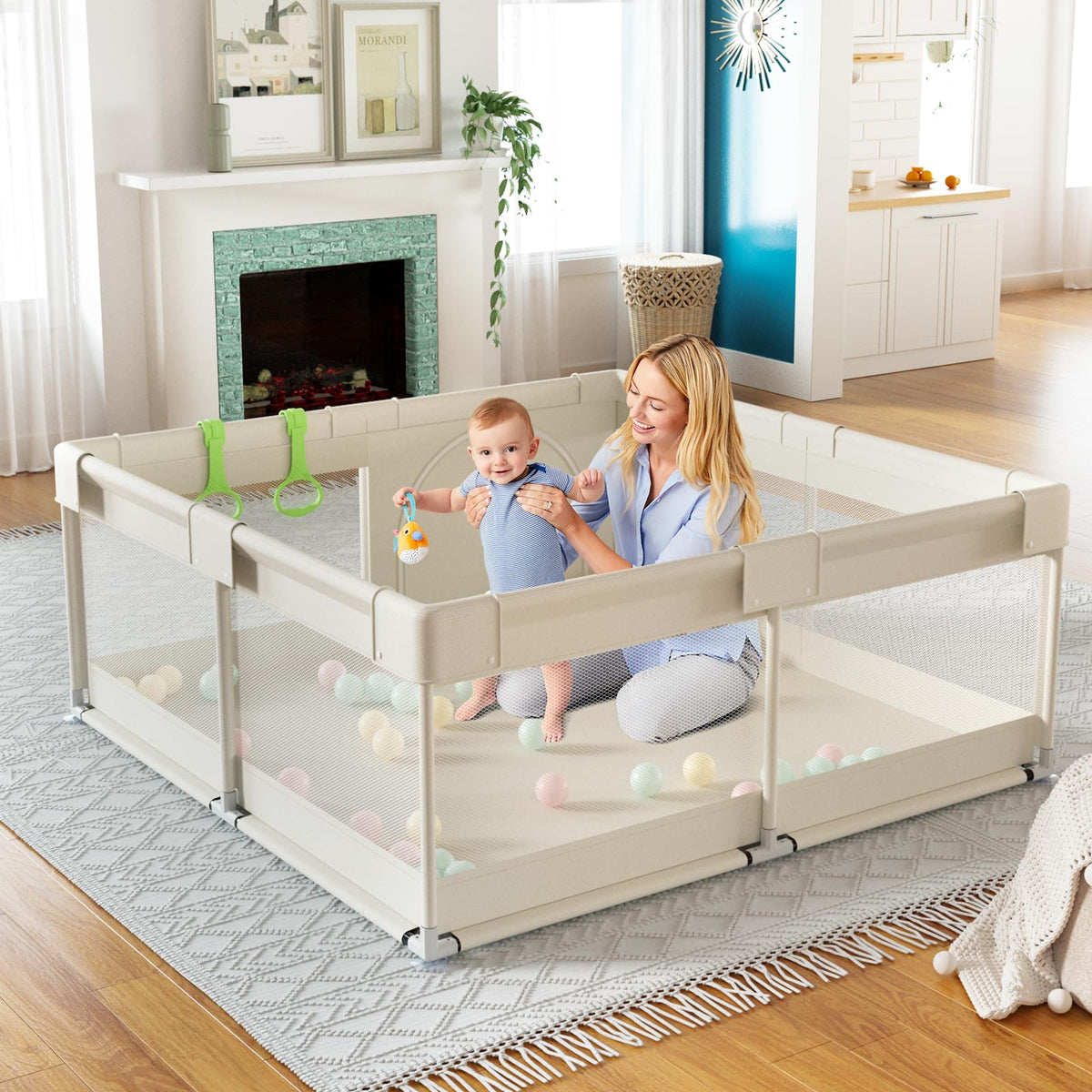 Fodoss baby playpen overview showing beige 47x47 inch design for safe play anywhere.