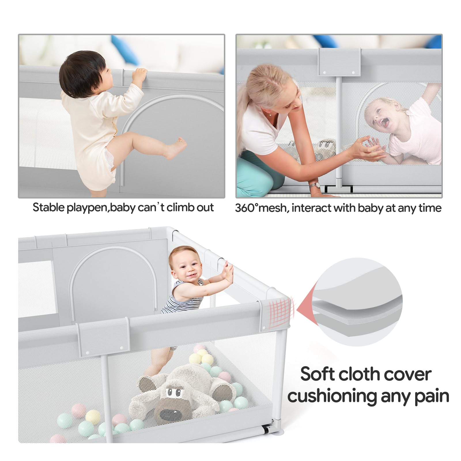 Fodoss Baby Playpen mesh sides allow constant adult supervision.