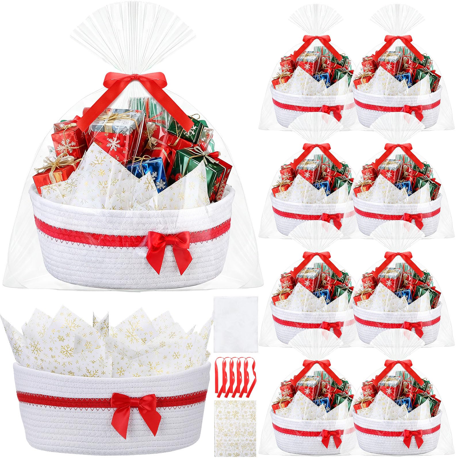 FoldTier Christmas woven basket 8-pack with gift bags and ribbons for easy gifting